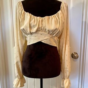 Idem Ditto beige metallic gold cold shoulder crop top w/ bell sleeves size large